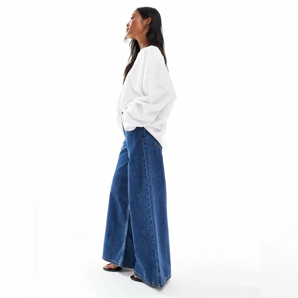 ASOS Petite Mid Blue Wide Leg Jeans - Picture 3 of 4